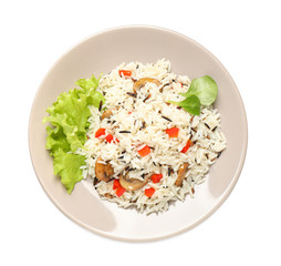 Delicious rice pilaf with mushrooms isolated on white, top view