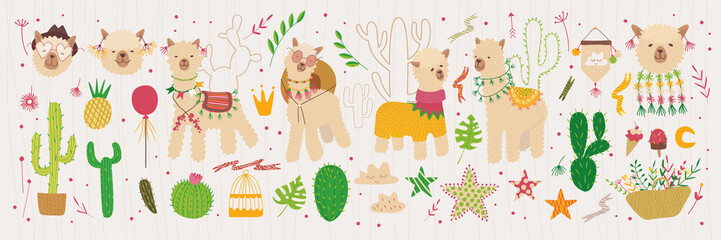 Obraz na płótnie Canvas Composition with alpaca and cacti. flowers and plants. Vector graphics