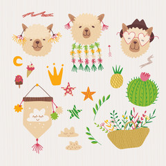 Composition with alpaca and cacti. flowers and plants. Vector graphics