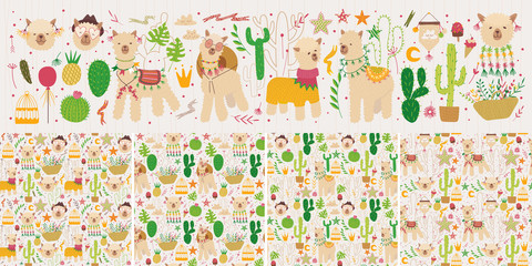 Composition with alpaca and cacti. flowers and plants. Vector graphics