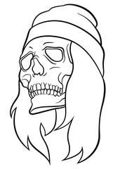 Vector illustration skelleton skull head with hat and hair. For rock, punk or metal music cover image. Hipster and skater modern style. Halloween print for decoration and t-shirt printing.