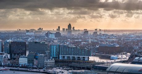 Amsterdam Topview to City center with cloudy sky
