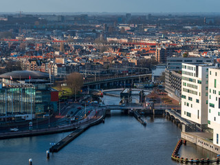 Fototapeta na wymiar Amsterdam Topview to City center with cloudy sky