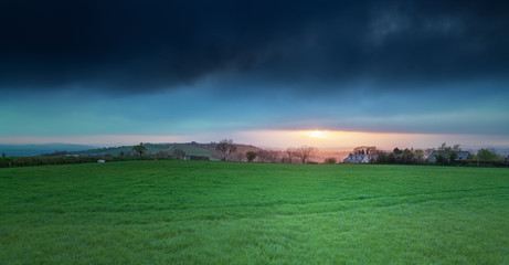 Fototapeta premium Green grass field and a dramatic sky on sunset