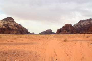 Wadi Rum desert panorama with dunes, mountains and sand that looks like planet Mars surface, Jordan