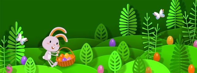 Happy Easter 3d papercut layered design with funny rabbit, Easter eggs, basket, stylized trees, multilayered effect. Vector illustration for website, poster, promotion, ad, coupon, banner, flyer