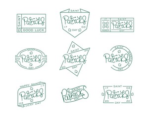 Obraz premium Set of line art labels for Saint Patrick's day . Handwritten lettering. Creative thin line calligraphy bundle. Vector