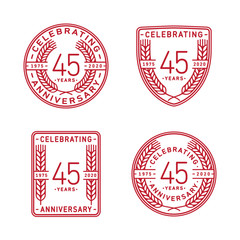 45 years anniversary celebration logotype. Forty fifth anniversary logo collection. Set of anniversary design template. Vector and illustration.