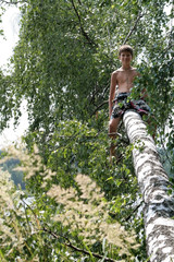 Naklejka na ściany i meble A tanned boy of 12 years old is sitting on a birch trunk that has fallen. Russian