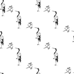 Stork and sakura branch. Seamless pattern. Vector illustration for greetings, invitations.