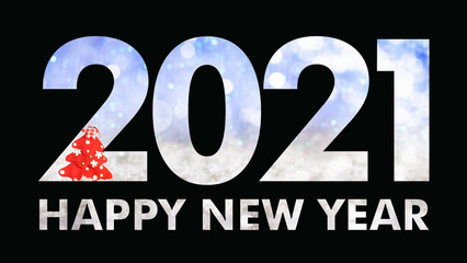 2021 New year. Black papercut number 2021 on blue snowy bokeh background. Happy new year text