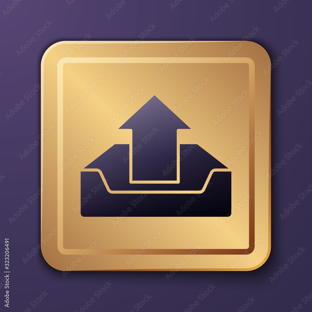 Poster purple upload inbox icon isolated on purple background. gold square button. vector illustration