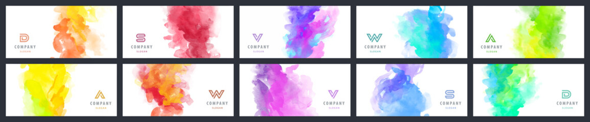 Big bundle set of bright vector colorful watercolor background for business card, banner or flyer