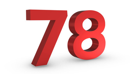 Number 78 Seventy Eight Red Sign 3D Rendering Isolated on White Background