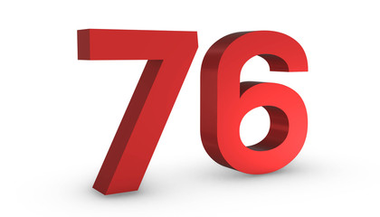 Number 76 Seventy Six Red Sign 3D Rendering Isolated on White Background