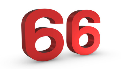 Number 66 Sixty Six Red Sign 3D Rendering Isolated on White Background