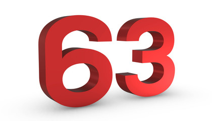Number 63 Sixty Three Red Sign 3D Rendering Isolated on White Background