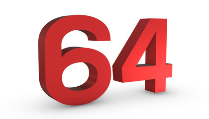 Number 64 Sixty Four Red Sign 3D Rendering Isolated on White Background