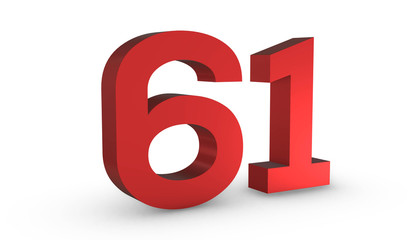 Number 61 Sixty One Red Sign 3D Rendering Isolated on White Background