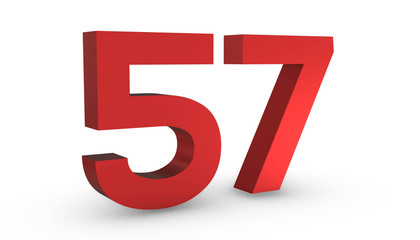 Number 57 Fifty Seven Red Sign 3D Rendering Isolated on White Background