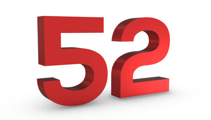 Number 52 Fifty Two  Red Sign 3D Rendering Isolated on White Background