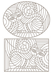 Set of outline illustrations in the style of stained glass with abstract cats , dark outlines on white background