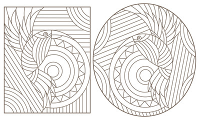 Set of contour illustrations of stained glass Windows with abstract birds, dark outlines on a white background