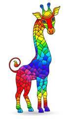 Illustration in stained glass style with figure of abstract rainbow giraffes, isolated on a white background