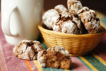 cocoa and chocolate cookies with raisins and powdered sugar