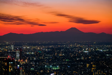 Fototapeta premium 東京 渋谷スクランブルスクエア 展望台からの夕暮れ 富士山