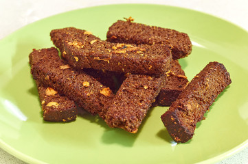 snack of bread toast with garlic, brown rye crouton