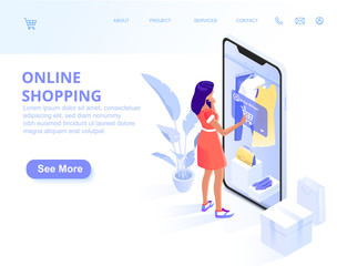 Consumerism and people concept. Sale. Shop online using a smartphone. Landing page template. 3d vector isometric illustration.