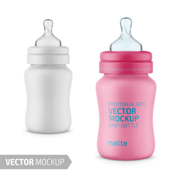 White Matte Plastic Baby Bottle Vector Mockup.