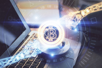 Multi exposure of blockchain and crypto economy theme hologram and table with computer background....