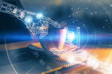 Double exposure of desktop computer and technology theme hologram. Concept of software development.