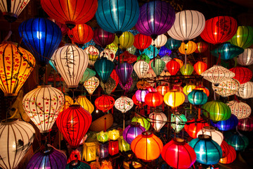 vietnam hoian lanterns at night - obrazy, fototapety, plakaty
