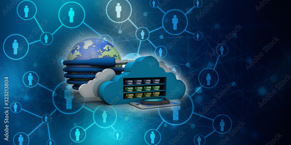 Poster 3d rendering aux cable connected globe with cloud folder storage