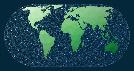 Communications map of the world. Eckert 4 projection. Green low poly world map with network background. Amazing connections map for infographics or presentation. Vector illustration.