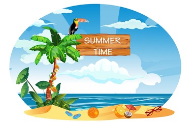 Summer Holiday Illustration  on tropical sand island. Tropical Plants, Flower, toucano bird, Surf Boards 