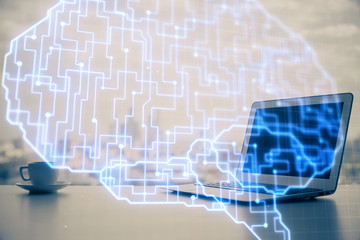 Multi exposure of work space with computer and human brain hologram. Brainstorm concept.