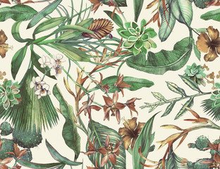 Motif tropical harmonieux de fleurs tropicales, feuilles de bananier. Peint à l& 39 aquarelle sur fond blanc.