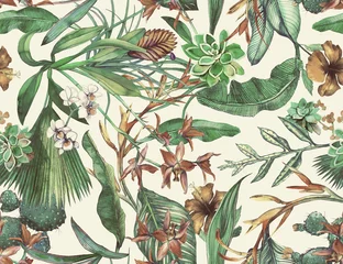 Tapeten Tropisches nahtloses Muster mit tropischen Blumen, Bananenblättern. Gemalt in Aquarell auf weißem Hintergrund. © Арина Трапезникова