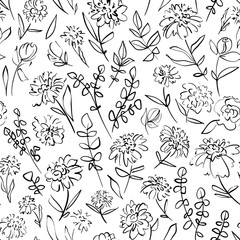 Fototapeta premium Fresh vegetables sketch background, vector seamless pattern hand drawn. Line art. Food illustration for shop. Natural food.