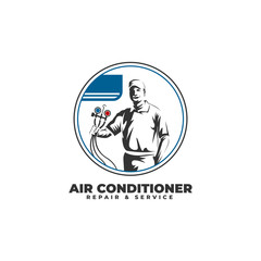 Air Conditioner Repair & Service with  Technician Logo Vector Icon Illustration