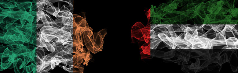 Flags of Ireland and UAE on Black background, Ireland vs United Arab Emirates Smoke Flags
