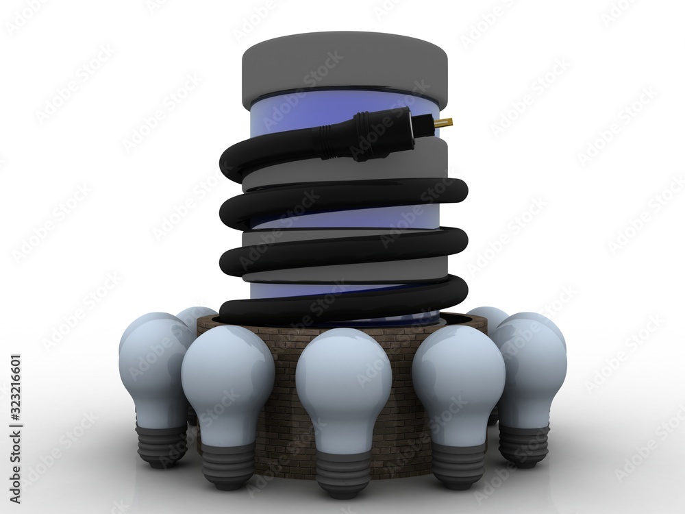 Poster 3d rendering aux cable connected database around bulb