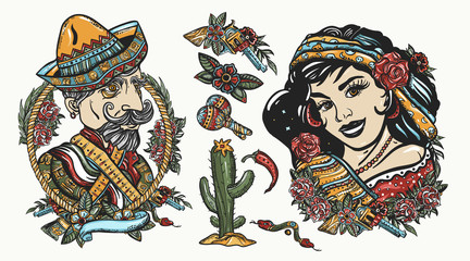 Mexico. Portrait of Mexican man in sombrero, cactus, castanets, beautiful girl in ethnic costume. National culture and people. Latin America. Old school tattoo vector collection