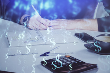 Double exposure of man doing analysis of stock market with forex graph.