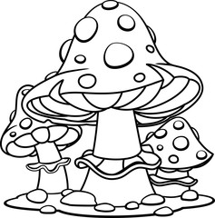 Amanita in cartoon style, coloring page. Education paper game for the development of children, kids preschool activity.