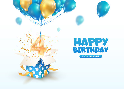 Celebrating of 4 th years birthday vector 3d illustration. Fourth anniversary celebration. Open gift box with explosions confetti and number four flying on balloons on light background